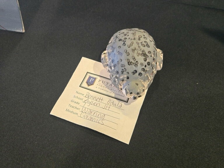 Student-created ceramic art of a grey harbor seal with black spots.