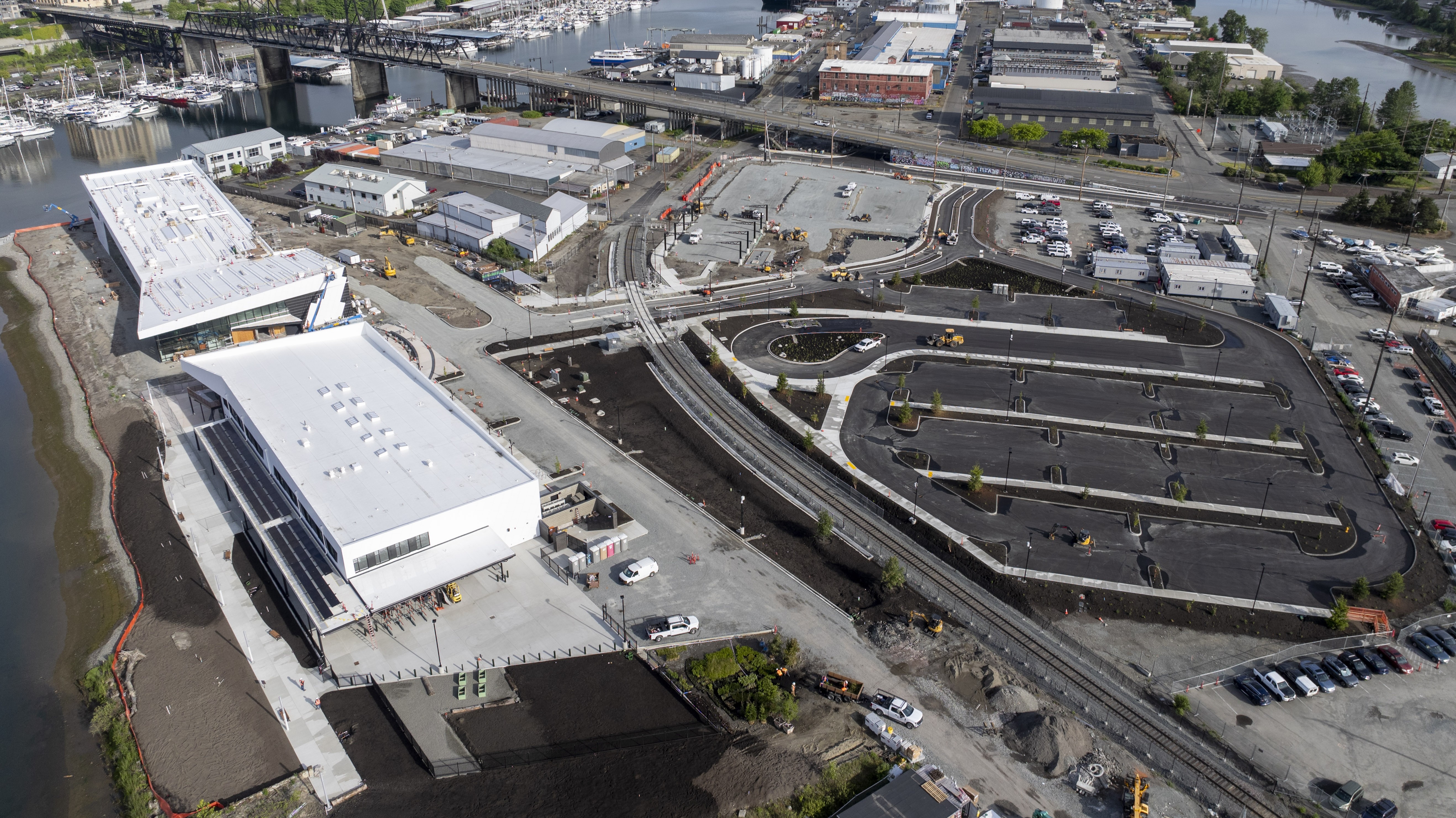 Aerial view of the Maritime Center construction site along the Foss Waterway.