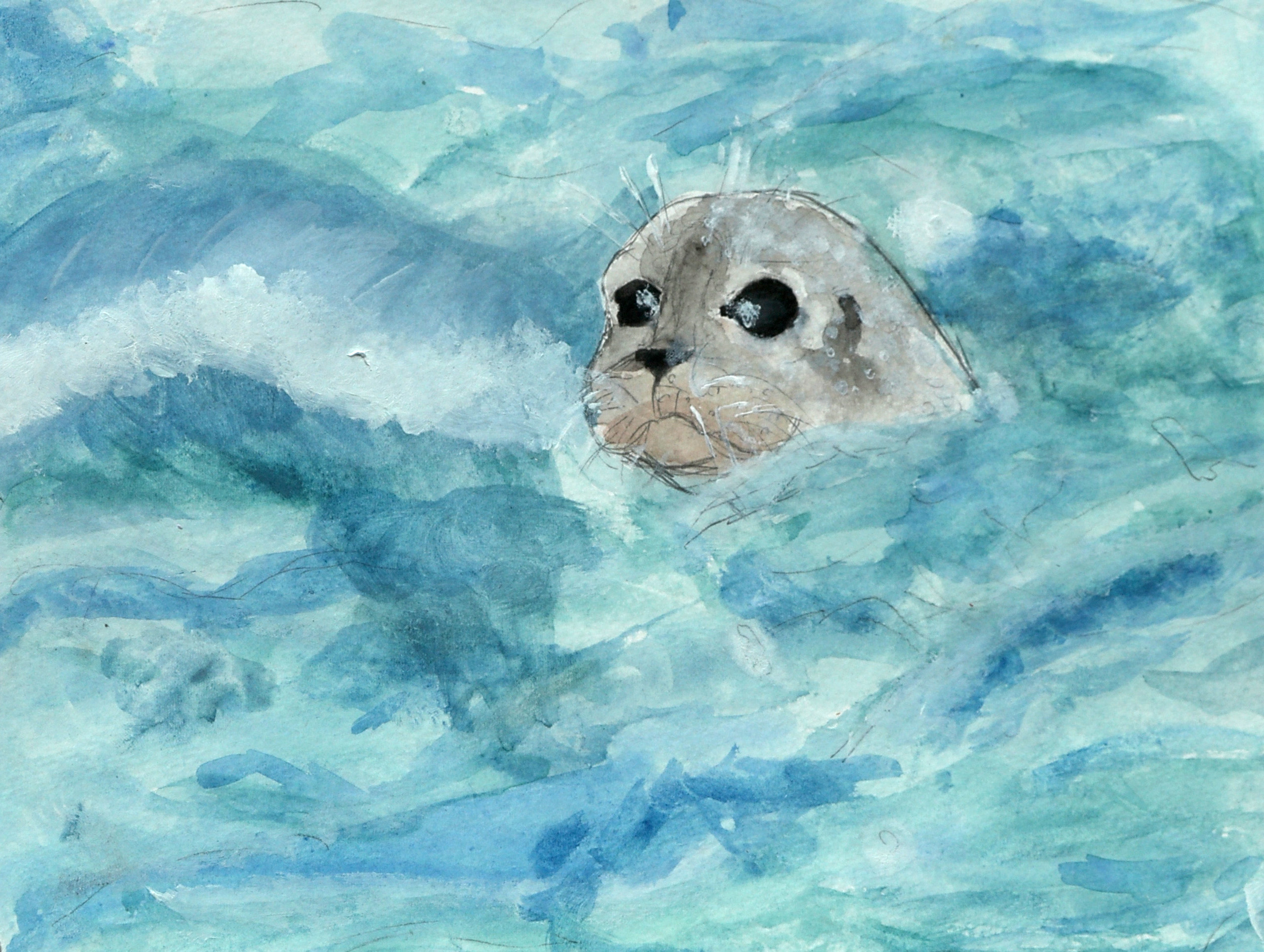 A watercolor painting of a harbor seal lifting its head out of the water.