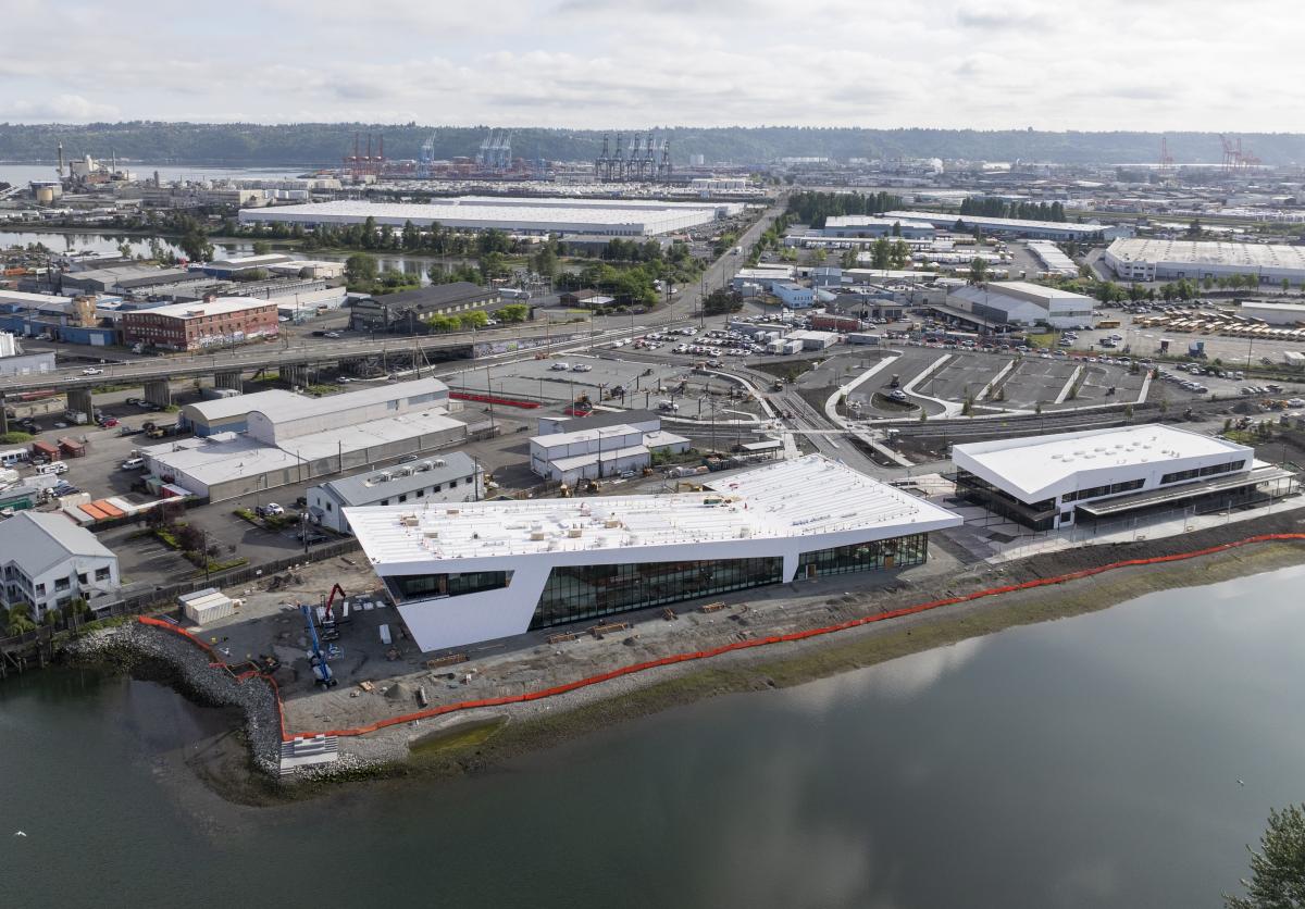 Aerial image of the new Maritime Center campus along the Foss Waterway.